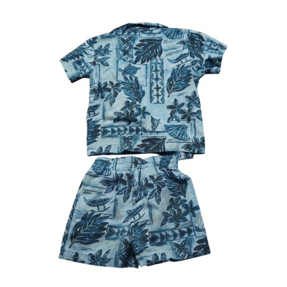 Vintage Kole Kole Hawaii‎ Kids 3T Aloha Shirt Shorts Set Blue Sea Turtle Floral